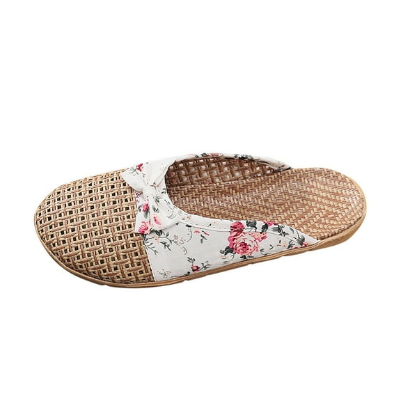 JeashCHAT Womens Rattan Woven Slippers Closed Toe Bow Straw House Slippers Summer Casual Slip On Bamboo Rattan Beach Sandals for Indoor Outdoor