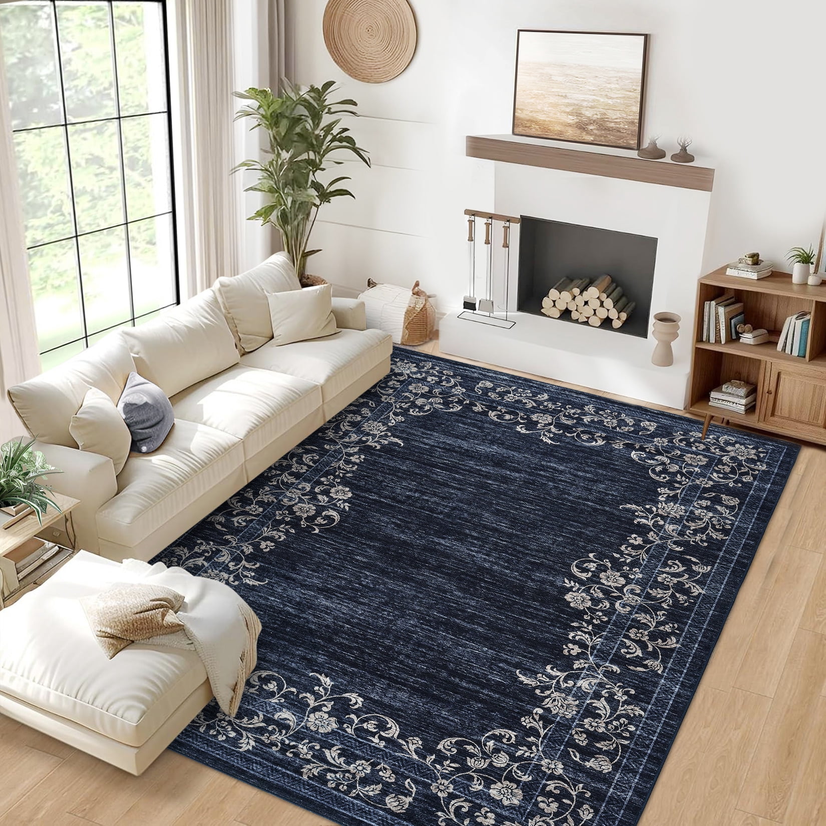 HOMERRY Washable 10' x 13' Area Rug for Living Room Farmhouse Modern Floral Bordered Dark Blue Rug Stain Resistant Large Indoor Carpet
