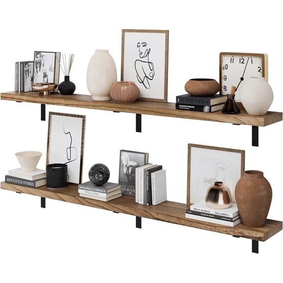 Wallniture Cervo 72"x9.5" Floating Shelves for Wall, Living Room Wall Book Shelf, Kitchen Floating Shelves with Metal Heavy Duty Brackets, Burnt Finish, Wood Set of 2