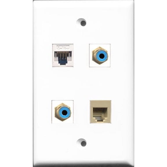 RiteAV - 2 Port RCA Blue and 1 Port Phone RJ11 RJ12 Beige and 1 Port Cat5e Ethernet White Wall Plate
