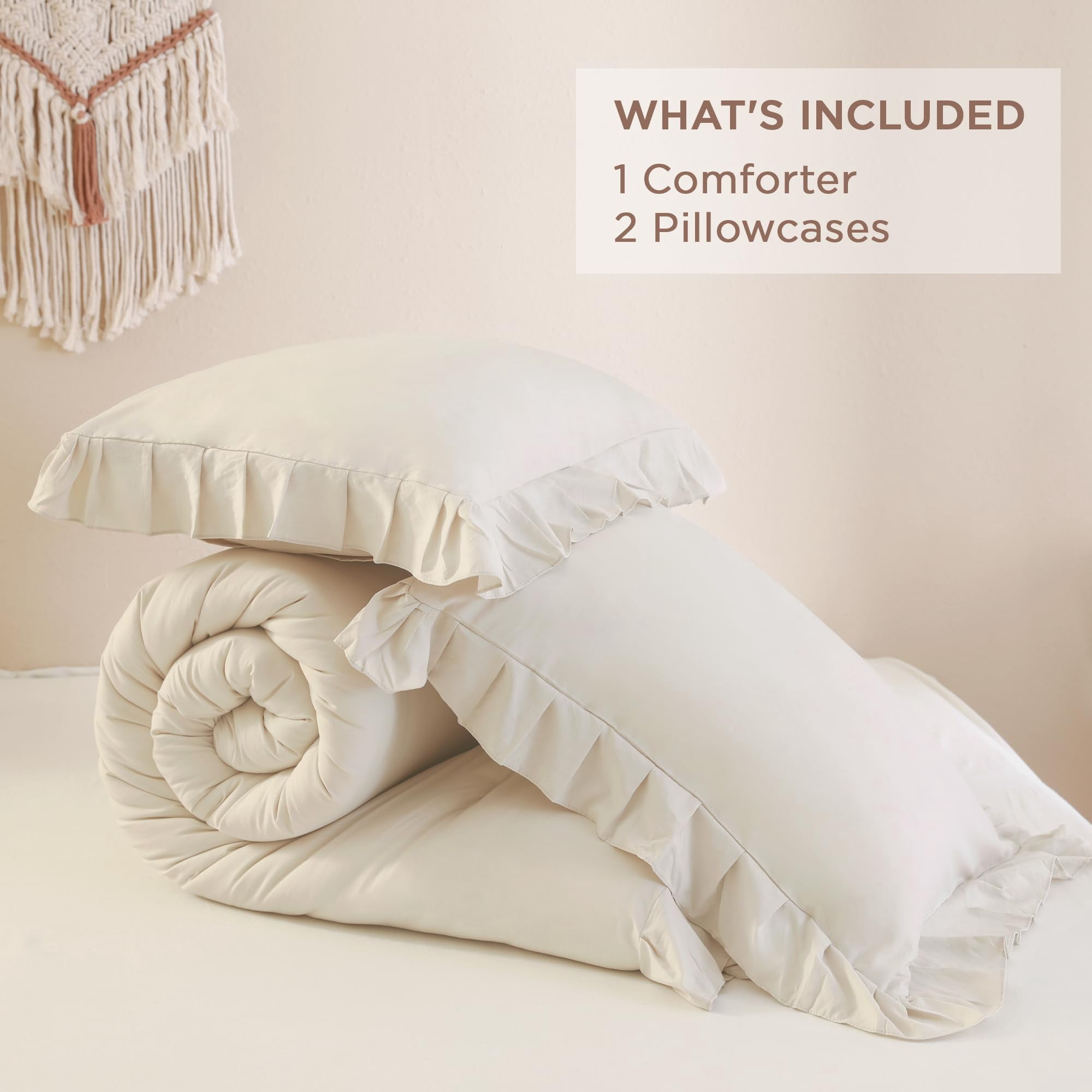 ANGENIA Beige Comforter Set Full Size, 3 Pieces Cream Ruffle Comforter Full, All Season Farmhouse Soft Lightweight Fluffy Microfiber Bed Set (79"x90" Comforter & 2 Pillowcases)
