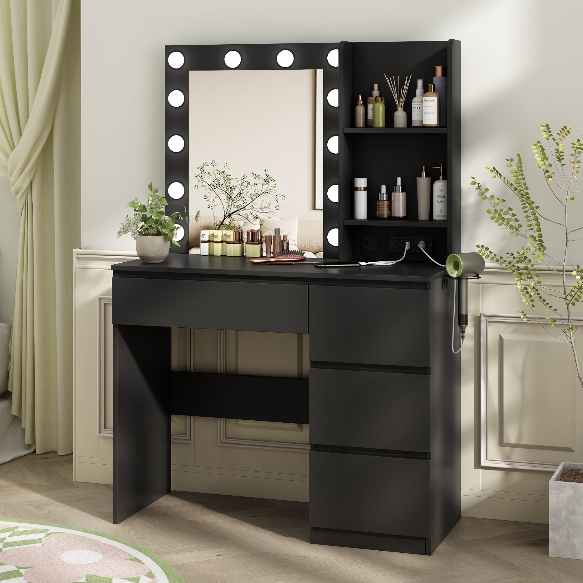 VEANERWOOD Makeup Vanity with Lights, Bedroom Vanity Table with Power Strip, Modern Dressing Table, 4 Drawers, 37in, Black