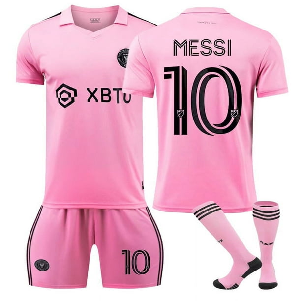 Traje de uniforme de fútbol para niños y adultos de Miami, camiseta Messi de secado rápido para deportes al aire libre para hombres y mujeres2324 Miami International home rosa talla 10 (calcetines)