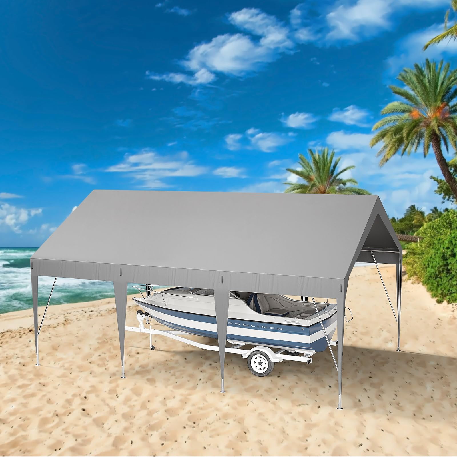 10x20FT Heavy Duty Carport with Galvanized Steel Frame, Portable Garage Shelter with Waterproof & UV Resistant Cover, Gray for Car, Boat, Truck & Outdoor Storage