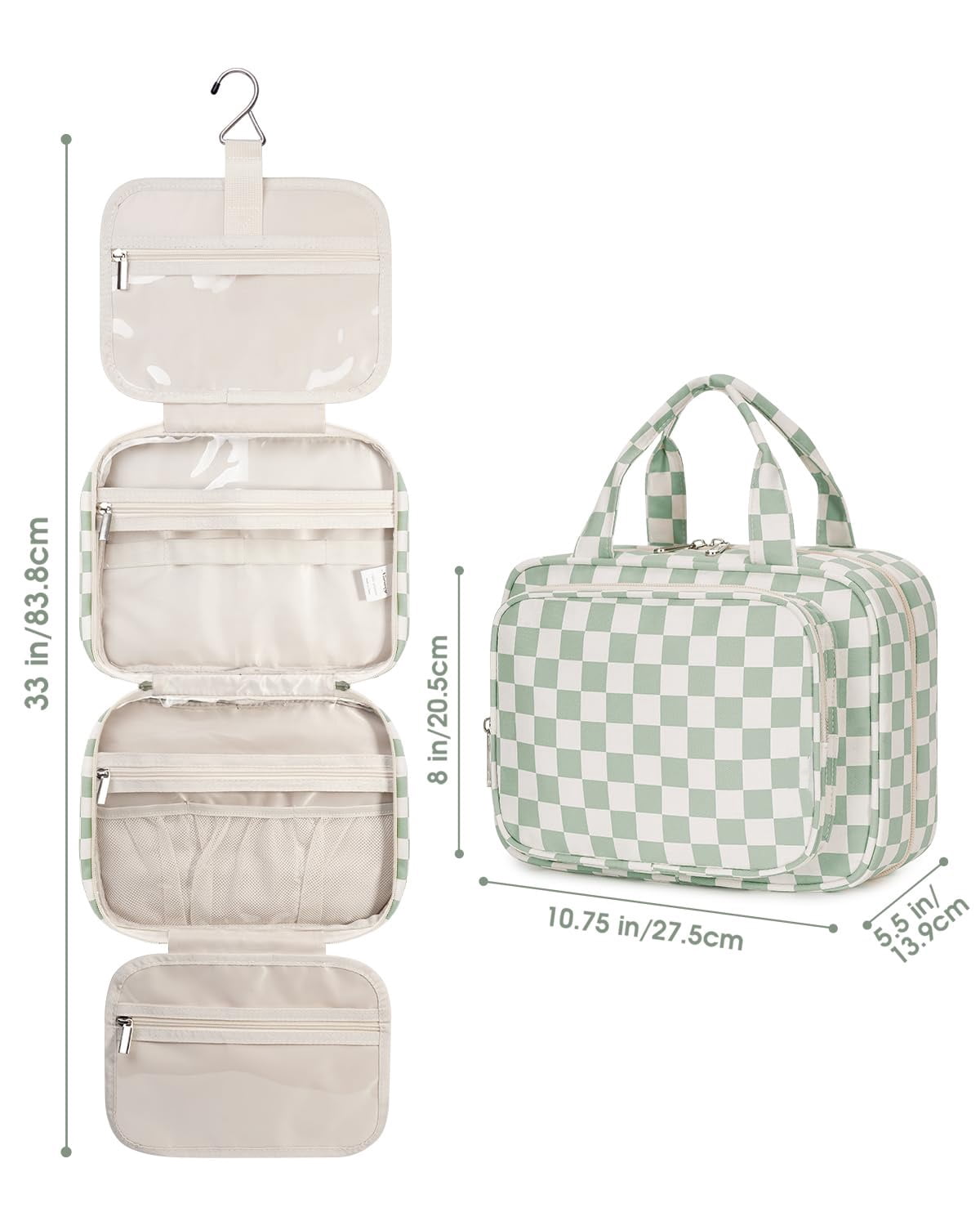 Checkerboard Hanging Travel Toiletry Bag with Hook, Makeup Bags for Women Cosmetic Organizer Toiletries for Brush Shampoo Travel Essentials, Green