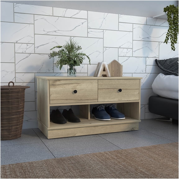 JERFIT Storage Bench Two Open Shelves Two Drawers -Light Oak