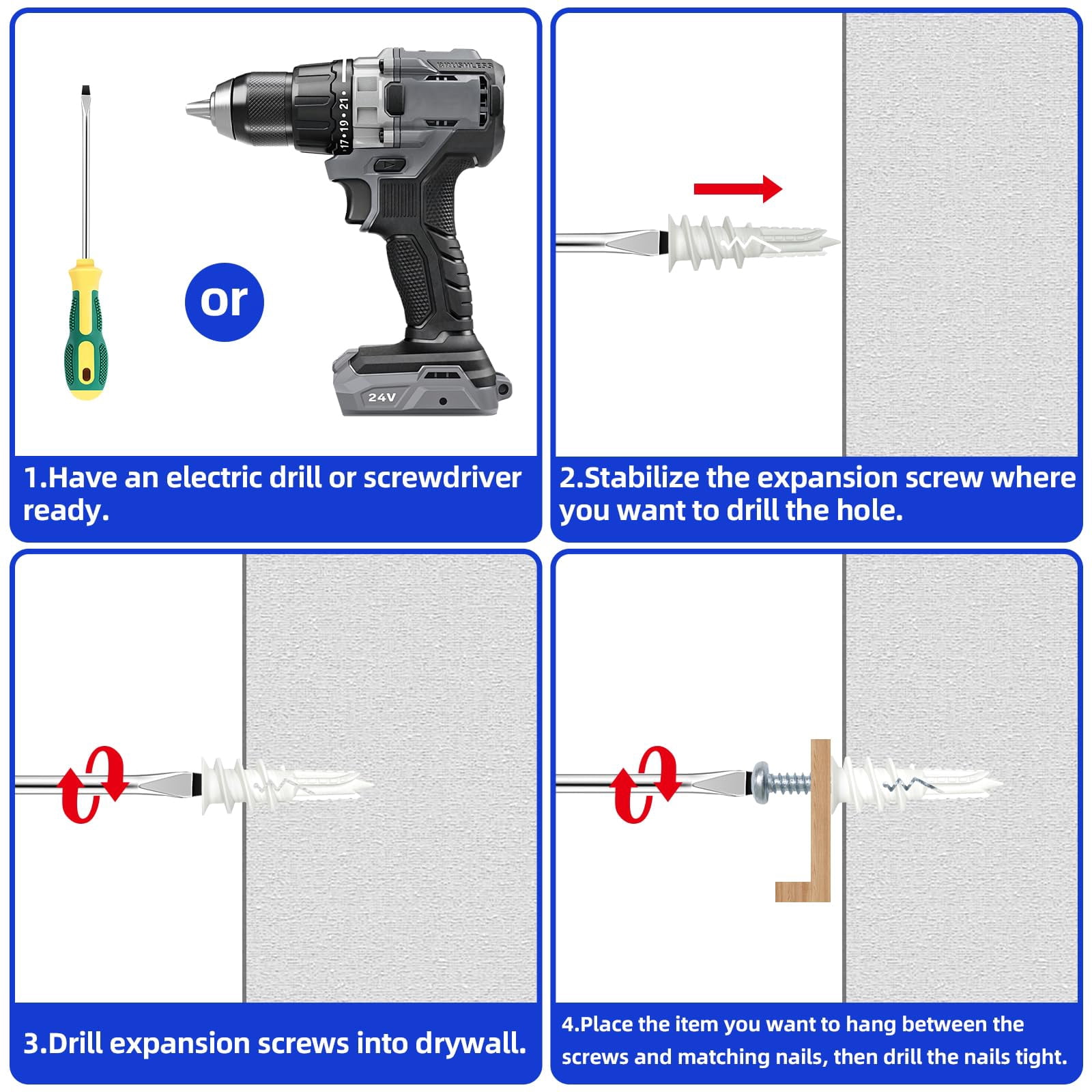 #8 x 1-1/2" Nylon Self-Drilling Drywall Anchors with Screws (100 Anchors+100 Screws), No Pre Drill Hole Required, Hold Up to 75 Lbs