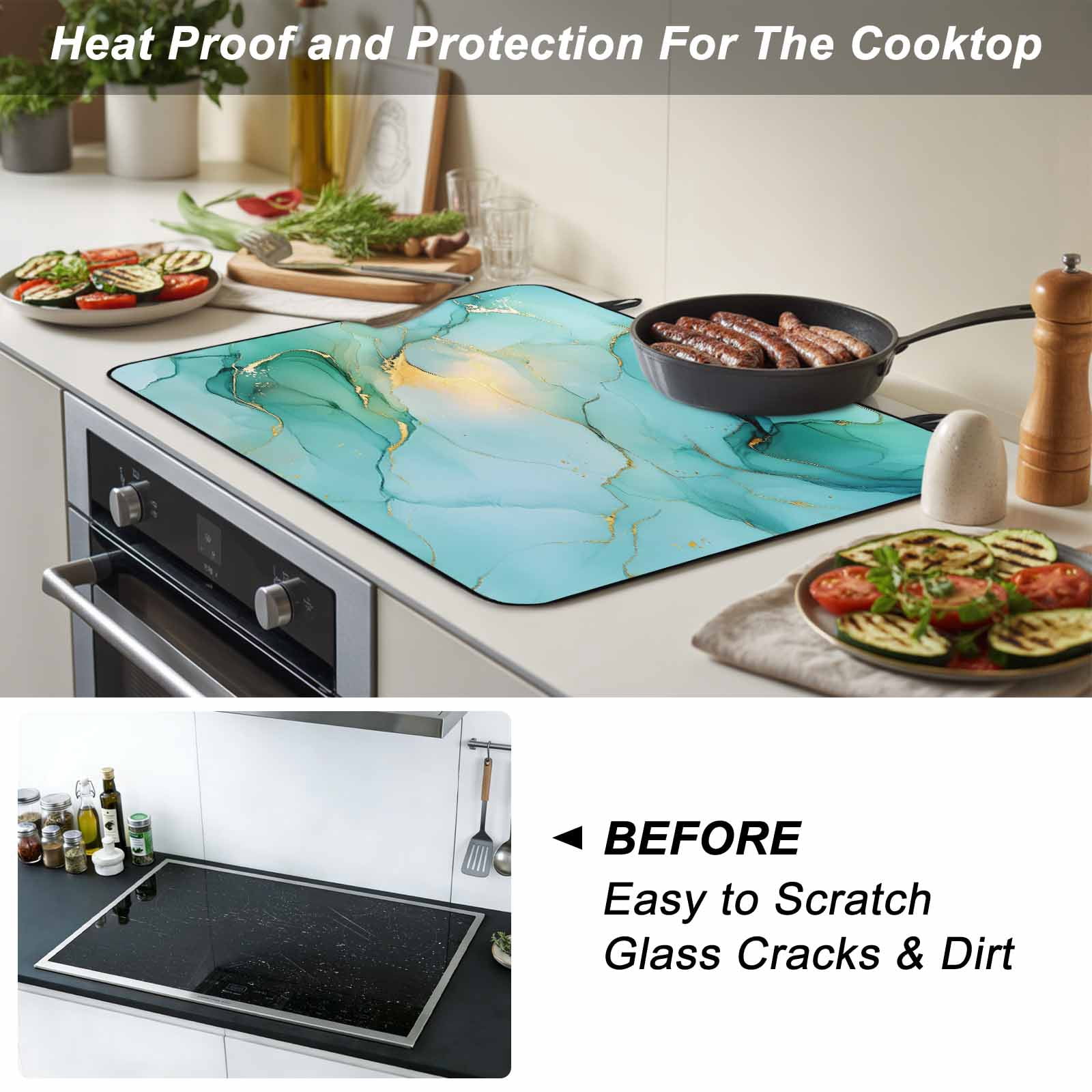 Teal Marble Stove Top Cover for Electric Stove, Heat-proof & Non Slip Glass Top Stove Cover Protector, Abstract Art Modern Ink Painting Kitchen Flat Cooktop Rubber Mat 24x21 Inches