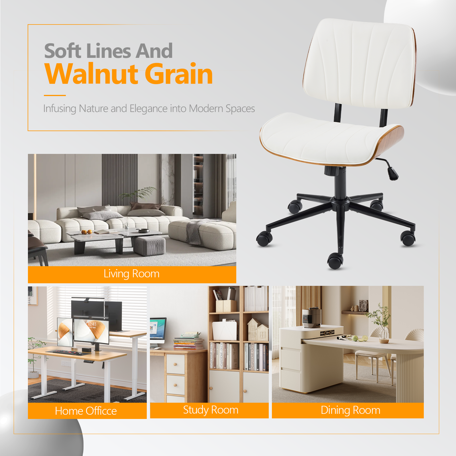 Ktaxon Swivel Office Chair, Armless Curved Wood Accent Desk Chair with PU Upholstered, Black Base Task Chair for Study, Makeup Vanity White