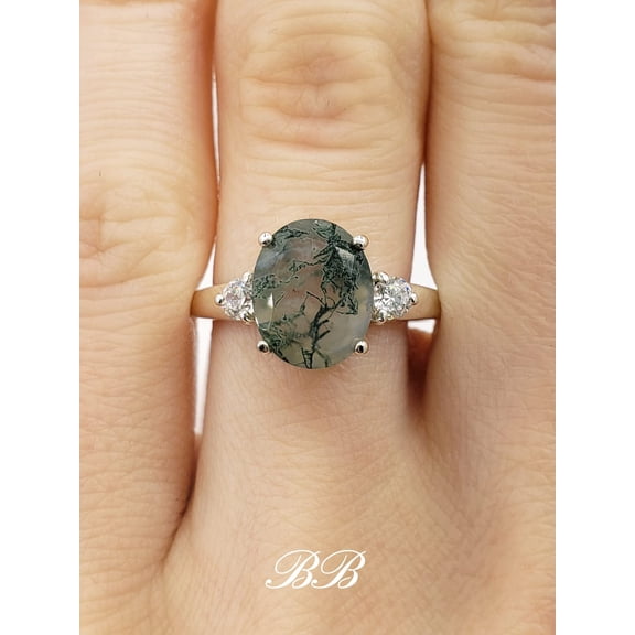 10x8mm Moss Agate Oval Cut Three Stone Ring, 6A Quality Cubic Zirconia Round Accents, 925 Silver,