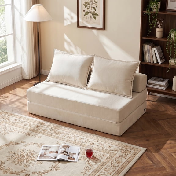 LEHZROAJ 4-in-1 Folding Sofa Bed , Convertible Sleeper Chair with Pillows, Fodable Mattress Floor Couch for Living Room, Bedroom, Beige