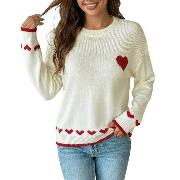 Women's Sweater Fall 2026 Valentine's Day Hear Love Print Knitted Long Sleeve Neck Warm Sweaters White