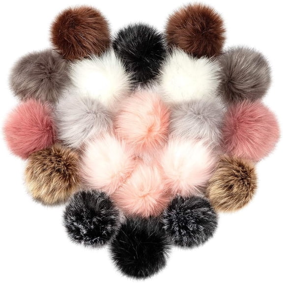 20 Pcs Faux Fur Pom Poms for Hats - 4.5 Inch Fluffy DIY Knitting Hat Pompoms with Elastic Loop, Removable Crochet Crafts Accessories for Shoes Scarves Gloves Bags Keychains (10 Color-Dark)