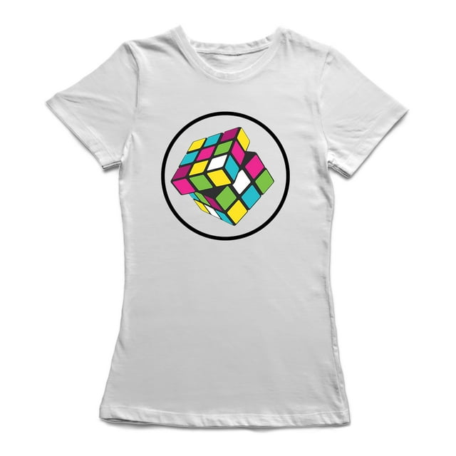 Center Chest Full Color Rubik's Cube Graphic Inside Circle Women's White T-shirt