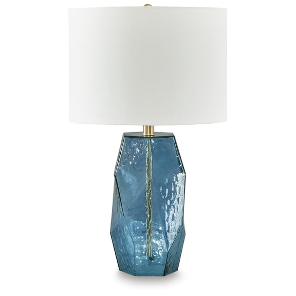 Signature Design by Ashley Tallow Glass Table Lamp, Blue Faceted Base, 18" Tall, Modern Drum Shade