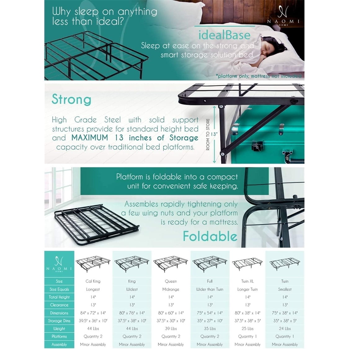 idealBase 14" Foldable Metal Platform Bed Frame Mattress Foundation with Box Spring Replacement White Queen White