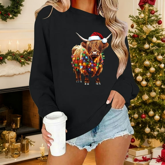 SYMOID Womens Festive Highland Cow Christmas Sweatshirt - Black, Oversized Loose Fit Long Sleeve 100% Polyester Machine Washable Santa Hat Graphic,Size XL