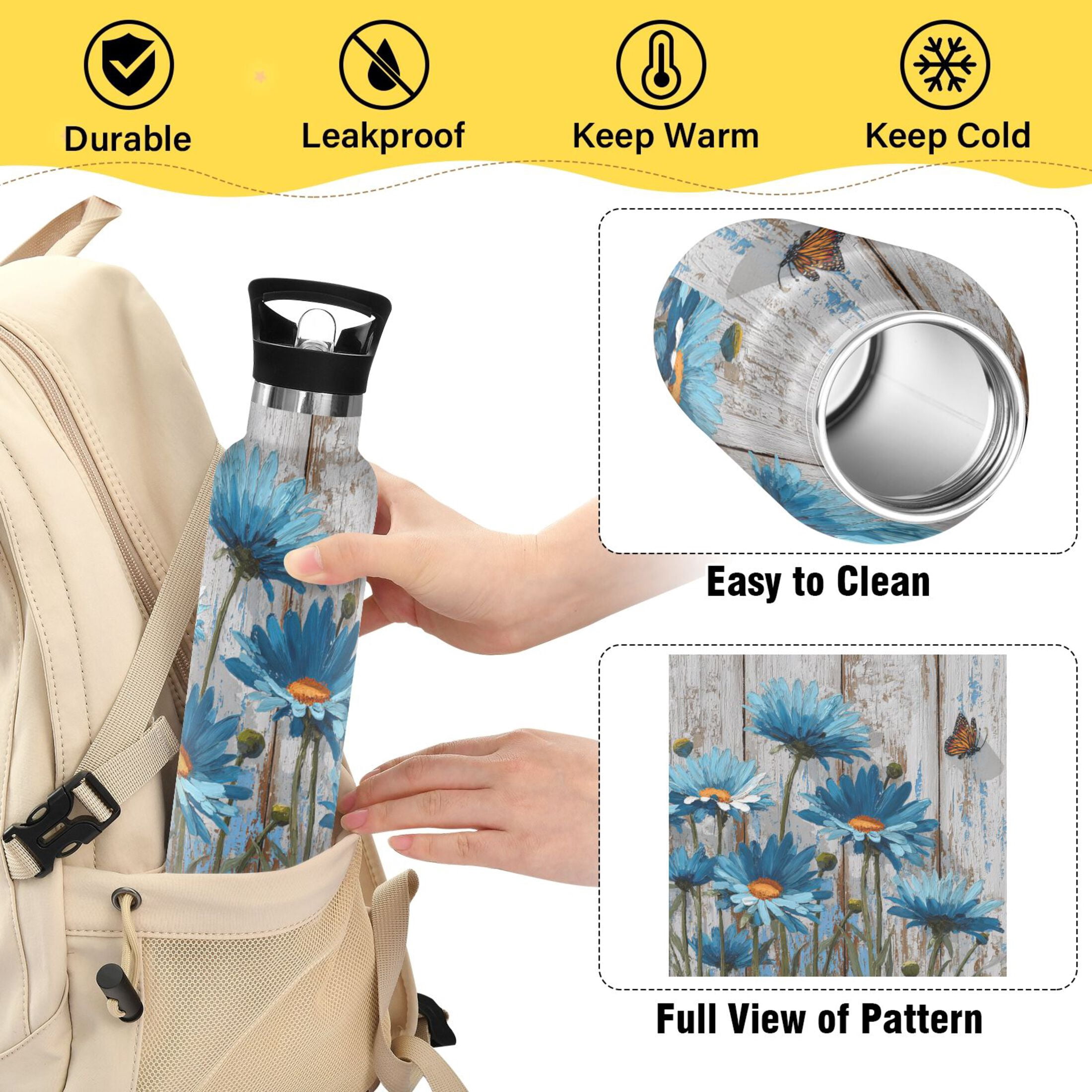 Kids Insulated Stainless Steel Sports Water Bottle 600ml (20oz) Cyan Daisy Flowers