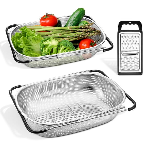 Vesteel Stainless Steel Colander Set of 3, 6 Qt and 8 Qt Over the Sink Colander Large Capacity Strainer Basket with Extendable Rubber Grip Handles for Kitchen & Cheese Grater Handheld