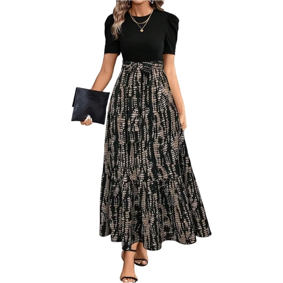 Women's Summer Short Sleeve Color Block Maxi Dress, Print Belted A-Line Casual Daily Vacation Dress