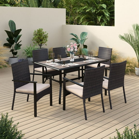 Alpha Joy 7 Pieces Wicker Outdoor Patio Dining Set Chairs&Table Set