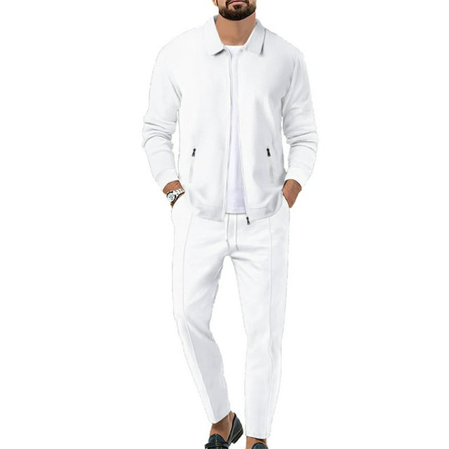 FOCUSNORM Men’s 2 Piece Tracksuit Set Long Sleeve Zip Up Waffle Jacket + Pants Set Loungewear Sweatsuit