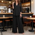 thumbnail image 7 of Linen Two Piece Outfits for Women Summer V Neck Button Down Tops Wide Leg Pants Set Casual Loose Matching Sets For Vacation, 7 of 7