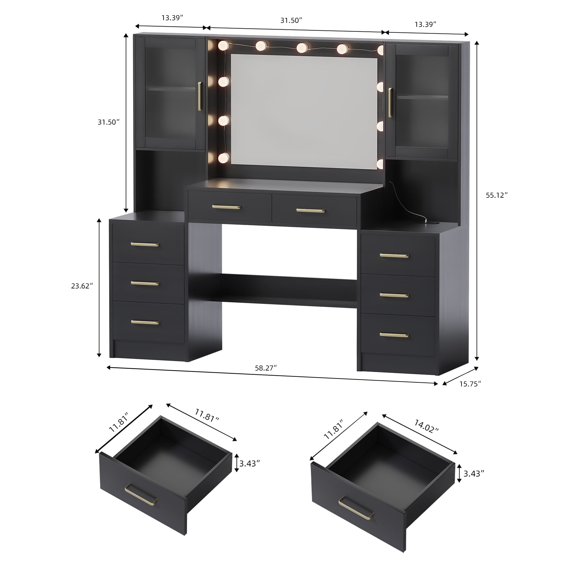 UGTOO 58" Black Vanity Desk with 8 Drawers & 2 Cabinets, Large Bedroom Dressing Table with LED Lighted Mirror & Power Strip, Modern Home Office Makeup Station, High-Capacity Storage Furniture