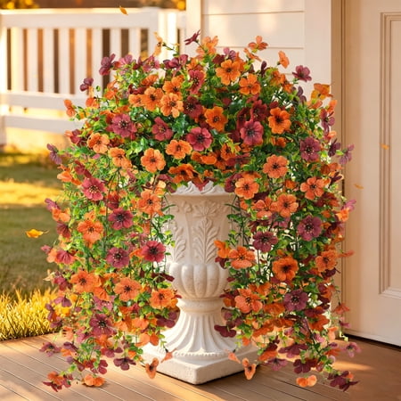 Lumikrypt 2 Pack Artificial Fall Hanging Flowers Plants for Outdoor, Faux Silk Daisy, UV Resistant No Fade for Indoor Planter Porch Garden Yard Autumn Decor, Orange Brown