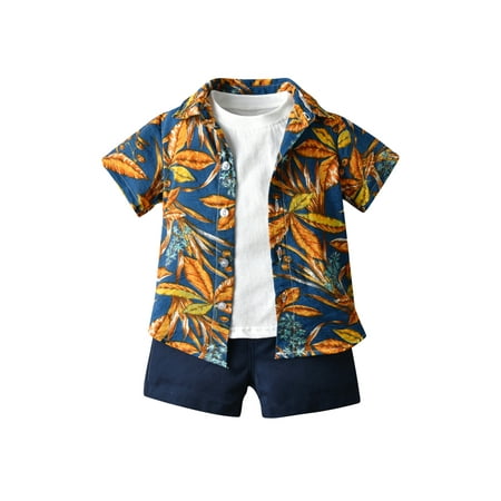 

1-6Y Kids Baby Boy 3Pieces Suits Holiday Boho Floral Print Turn-Down Collar T-Shirt+White Basic Tees+ Shorts Beach Wear Boy Sets