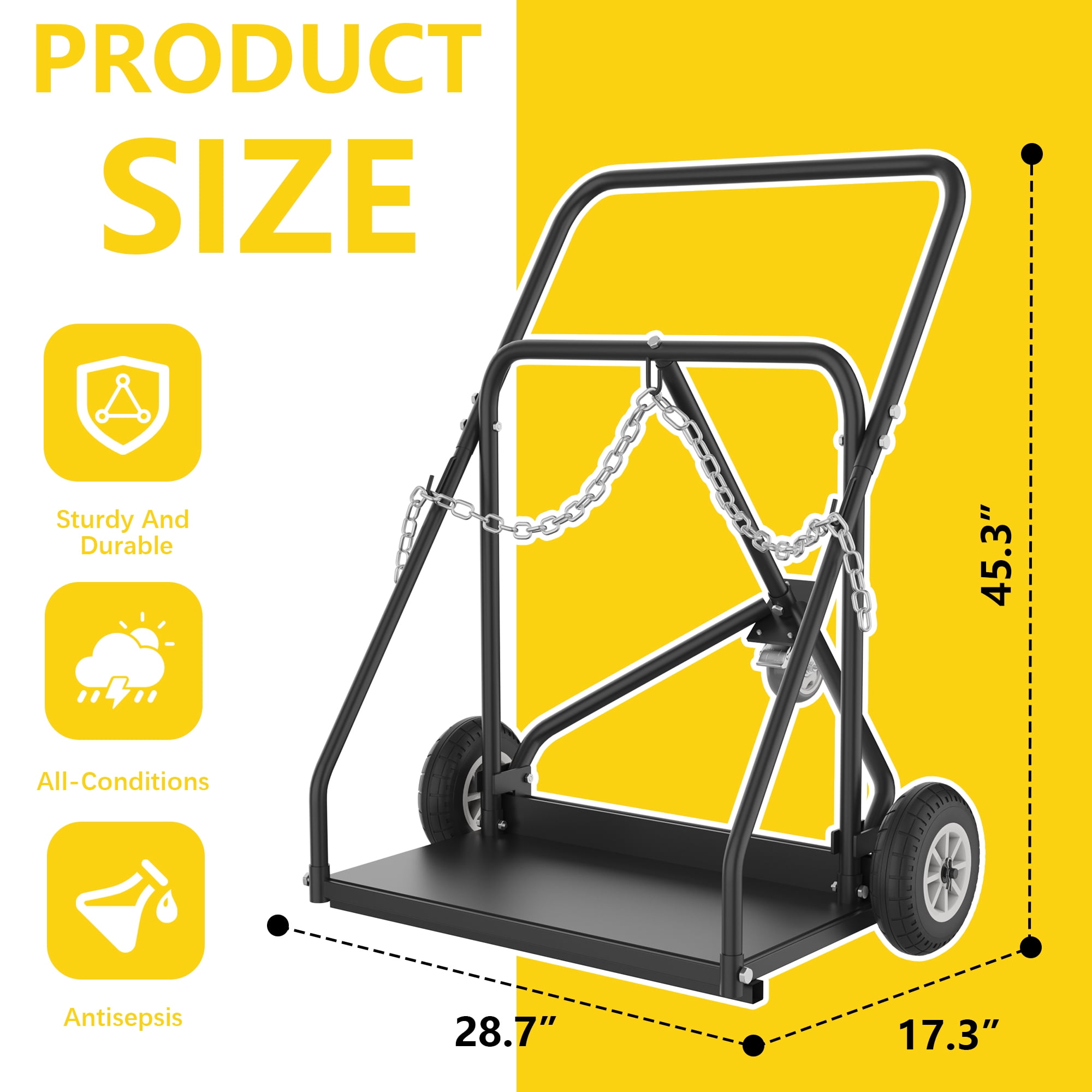 Heavy Duty Gas Cylinder Cart with Auxiliary Wheel - Dual Oxygen Acetylene Dolly & Welding Tank Hand Truck with Secure Chain, Triangular Structure & All-Terrain Tires