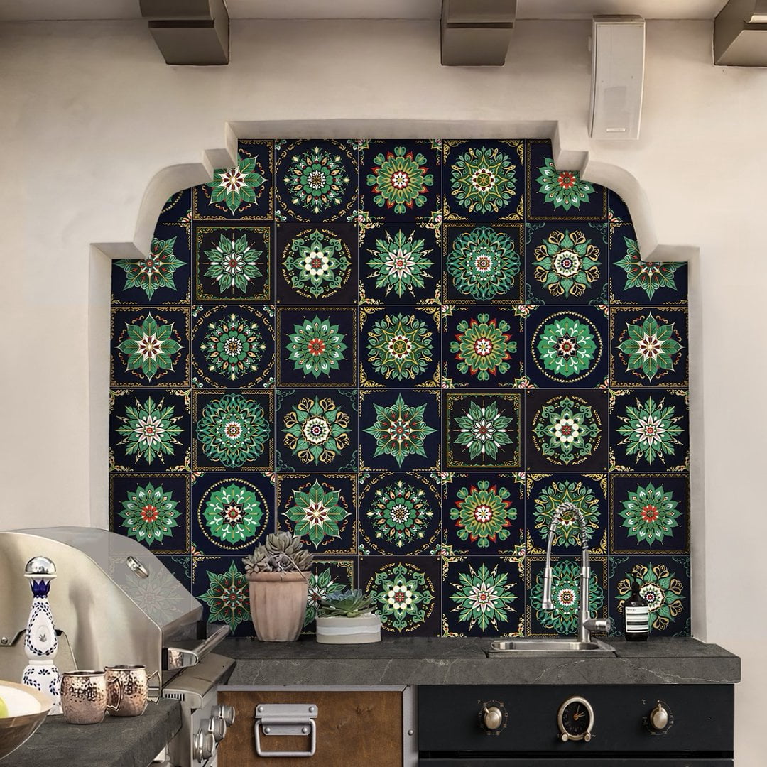 24 Pcs Peel and Stick Tile Sticker Backsplash 7.87" x 7.87" Black Green Vinyl Wall Stickers Self Adhesive Waterproof DIY Decor Kitchen Decals