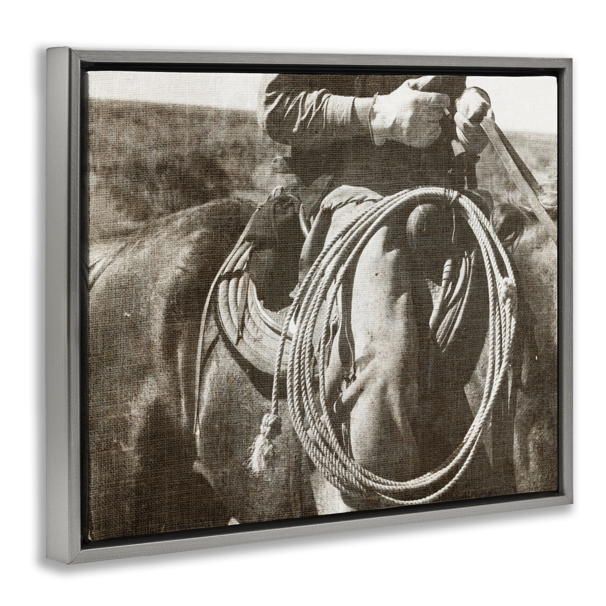 Stupell Industries Cowboy with Lasso Novelty Photography Gray Floater Framed Art Print Wall Art, 31 x 25