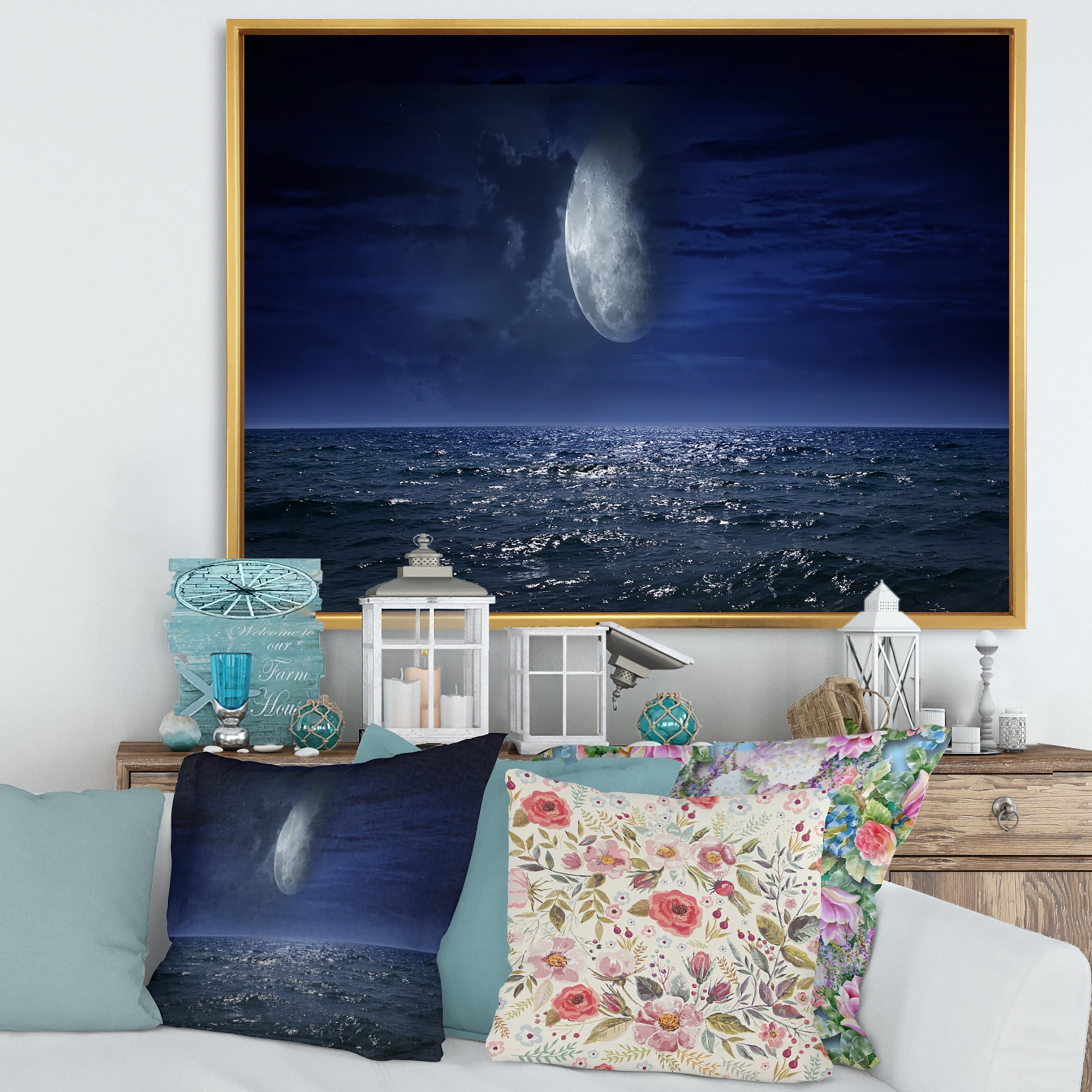 Designart 'Full Moon Night Over Dark Ocean' Nautical & Coastal Framed Canvas Wall Art Print