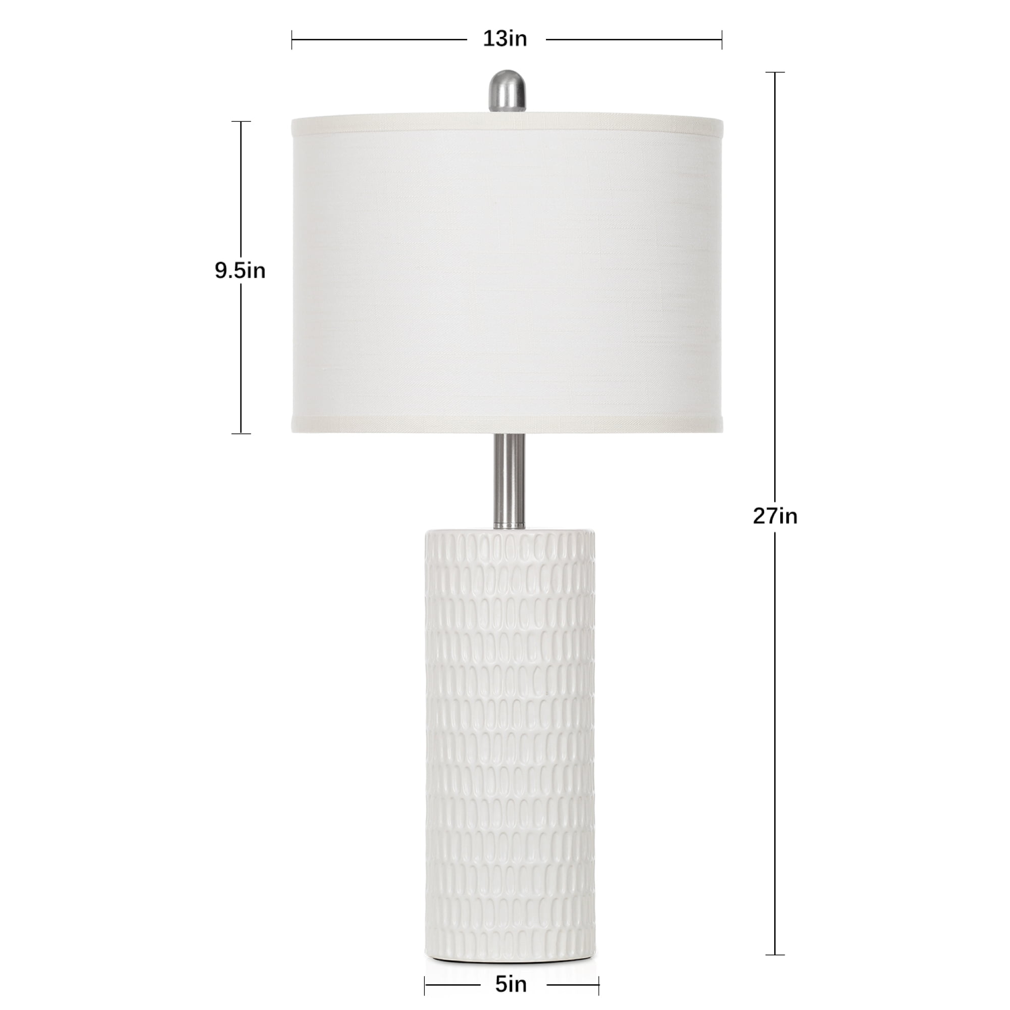 Cinkeda 27" Tall Ceramic Table Lamp Set of 2, White Cylinder Body with Carved Slot Pattern, Off-White Linen Shade, Rotary Switch, E26 LED Bulb Included for Bedroom Living Room