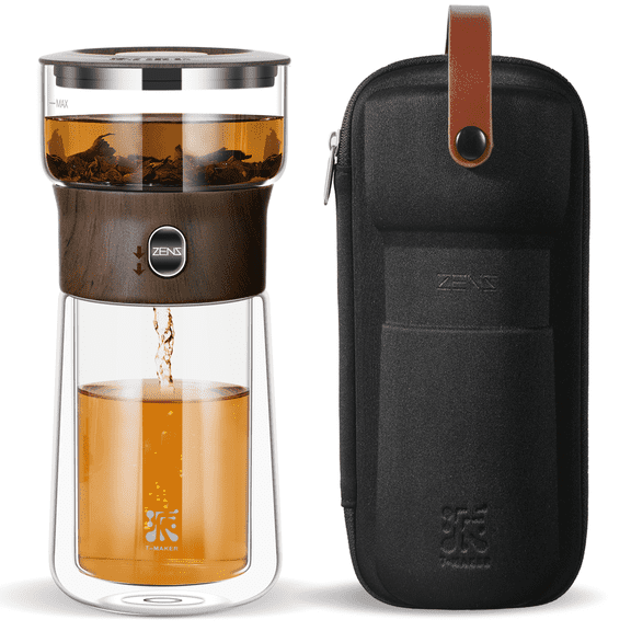 ZENS Modern One Touch Tea Maker, Glass Teapot with Infuser & Insulated Mug for Gongfu Tea Diffusers
