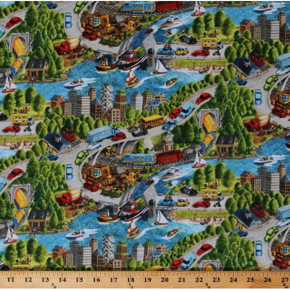 Cotton Going Places City Cars Transportation Vehicles Cityscape Cotton Fabric Print by the Yard (9831-77)