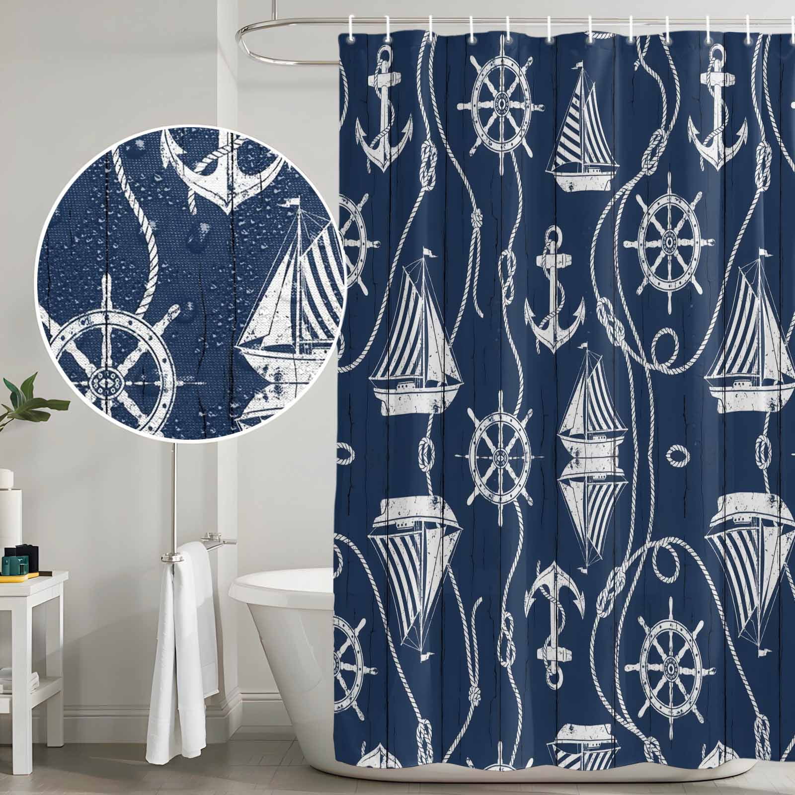 Shower Curtain Bathroom Set Coastal Sailboat Compass Anchor Waterproof Fabric Shower Curtains with Grommets&Hooks, Nautical Theme Navy Blue Wood Privacy Bath Curtain for Bathtub 72x72in