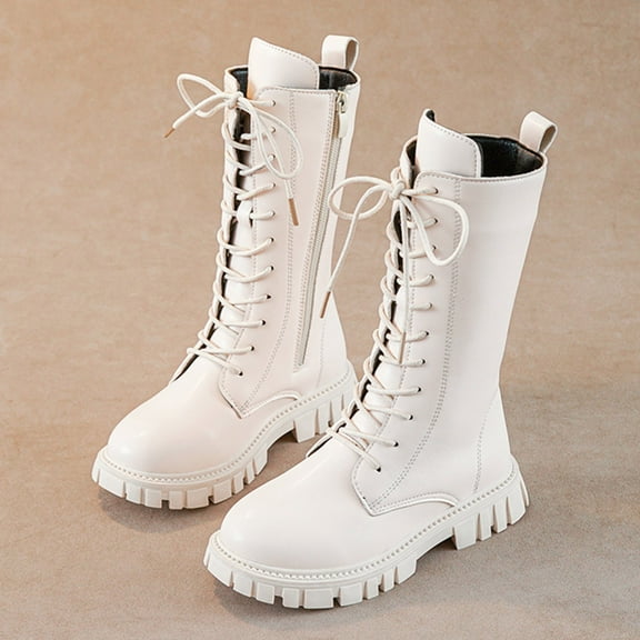 White Combat Boots Heel Girls White Boots Girls White Combat Boots Mid Calf Lace Up Riding Boots Fashion PU Leather Side Zipper Punk Goth Boot for Kids