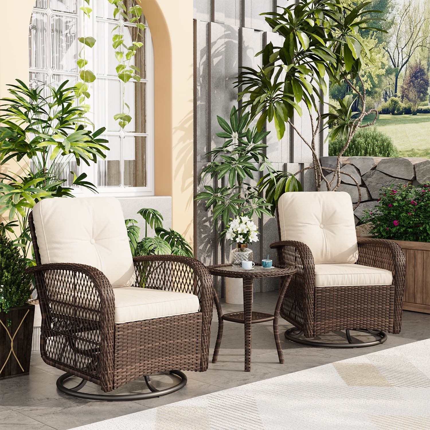 BaPiPro 3pcs Patio Furniture Set, Outdoor Rattan Swivel Gliders Rocker, Wicker Patio Bistro Set with Rocking Chair, Glass Top Side Table, Beige