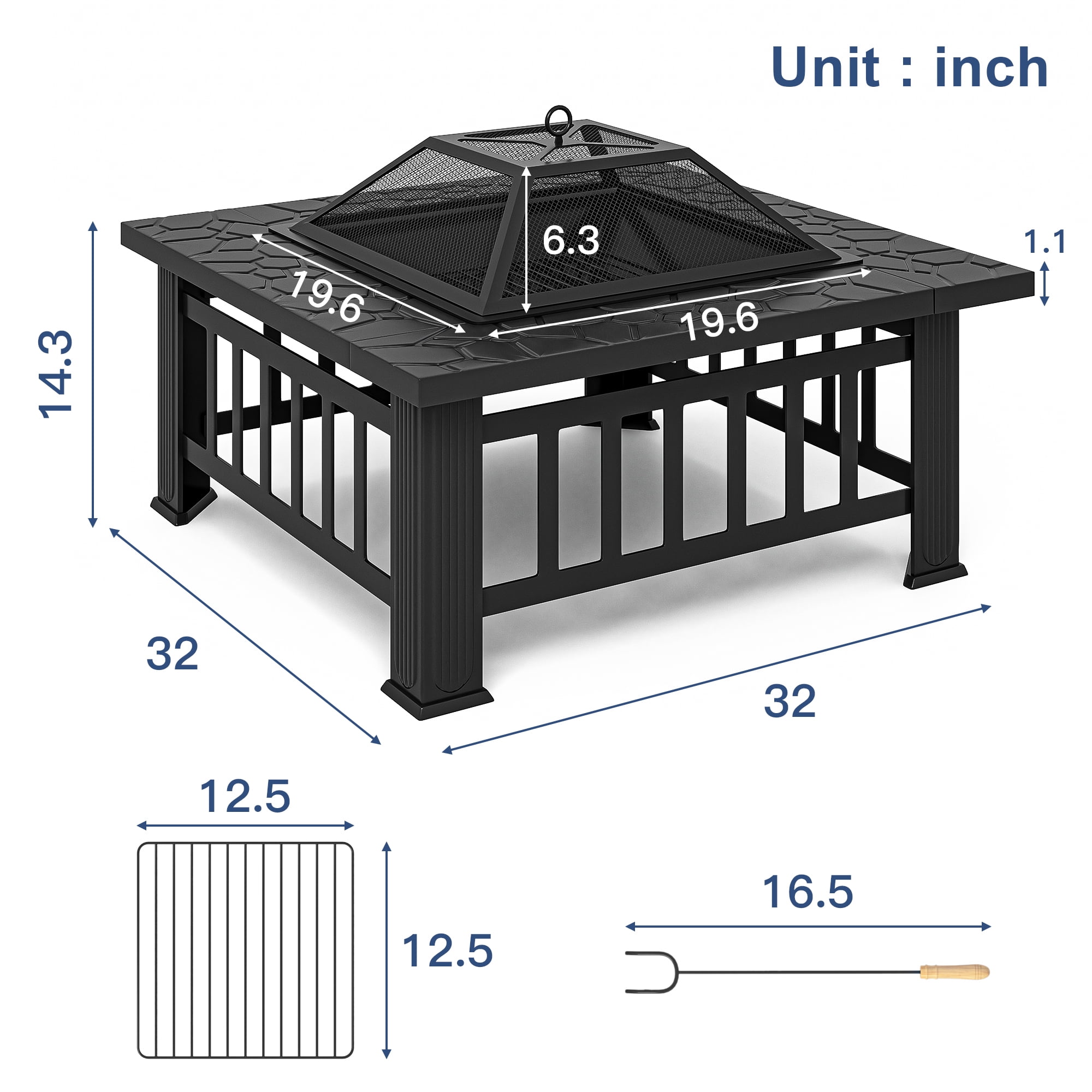 Kepooman 32" Wood Square Fire Pit Table for Outside Fire Pit/Ice Pit/BBQ Fire Pit, Black
