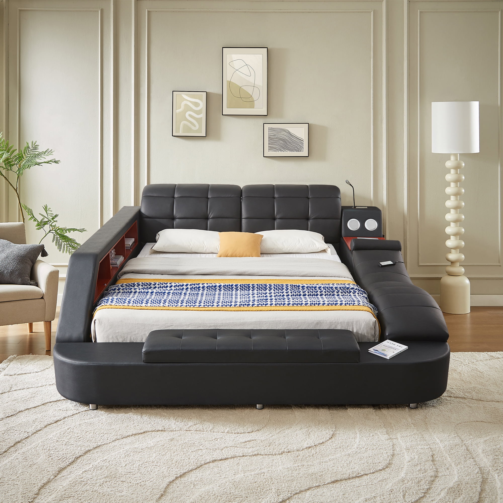 Smart King Bed Frame, Multifunction Upholstered Storage Bed with Right-Side Massage Recliner, Bluetooth Speaker, USB Charging Port, Leather Adjustable Headboard