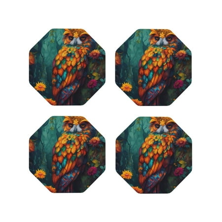 

KLL Drink Coasters Set Octagon of 4 PU Leather Absorbent Coasters Set Decorative Coffee Cup Coasters Housewarming Gift for Home Decor-Colorful Owl Forest