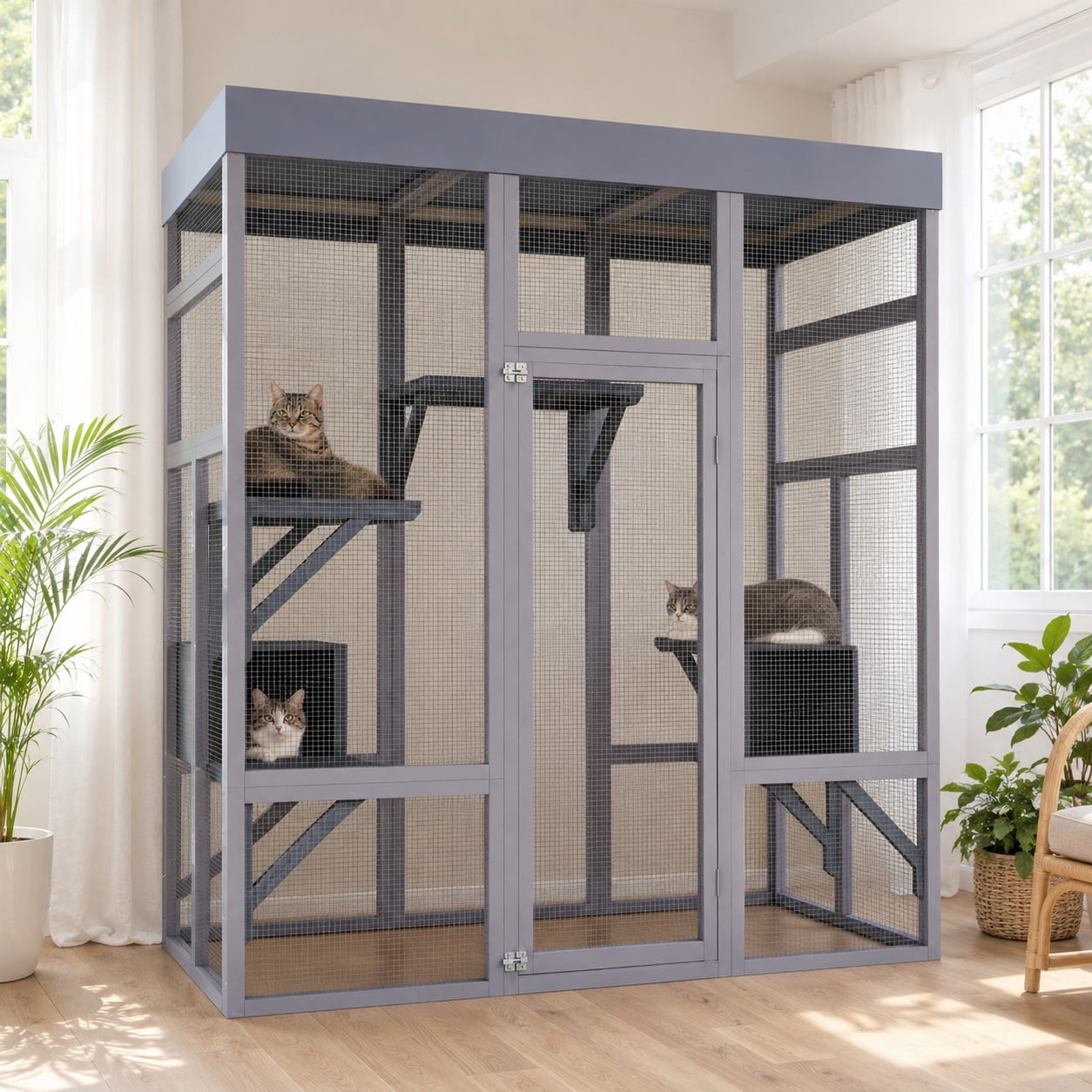 Aukfa 70"H Wooden Outdoor Cat Catio with Waterproof Roof, Large Cat Enclosure for Multiple Cats,Gray