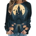 thumbnail image 2 of Uootdi Halloween Sweatshirts for Women Crew Neck Black Cat Castle Pumpkin Graphic Womens Sweatshirt Loose Fit Weekend Outing Soft Womens Tops Gift, 2 of 5