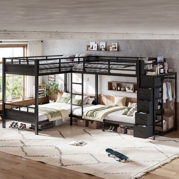 Bellemave Quad Bunk Bed with Storage for 4, Metal L-Shaped Bunk Bed with Wardrobe, 5 Fabric Drawers and Shelves, Twin Over Twin Bunk Beds for Kids Teens Adults, No Box Spring Required (Black)