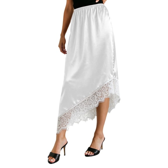 Women's Half Slips for Under Dresses Lace Trim Satin Patchwork Elastic Waist Skirt Elegant Flowy A Line Midi Skirts