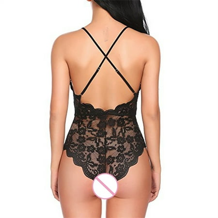 

Women Floral Lace Scallop Trim Lingerie Bodysuit Teddy Fasion Lingerie with Stockings for Women