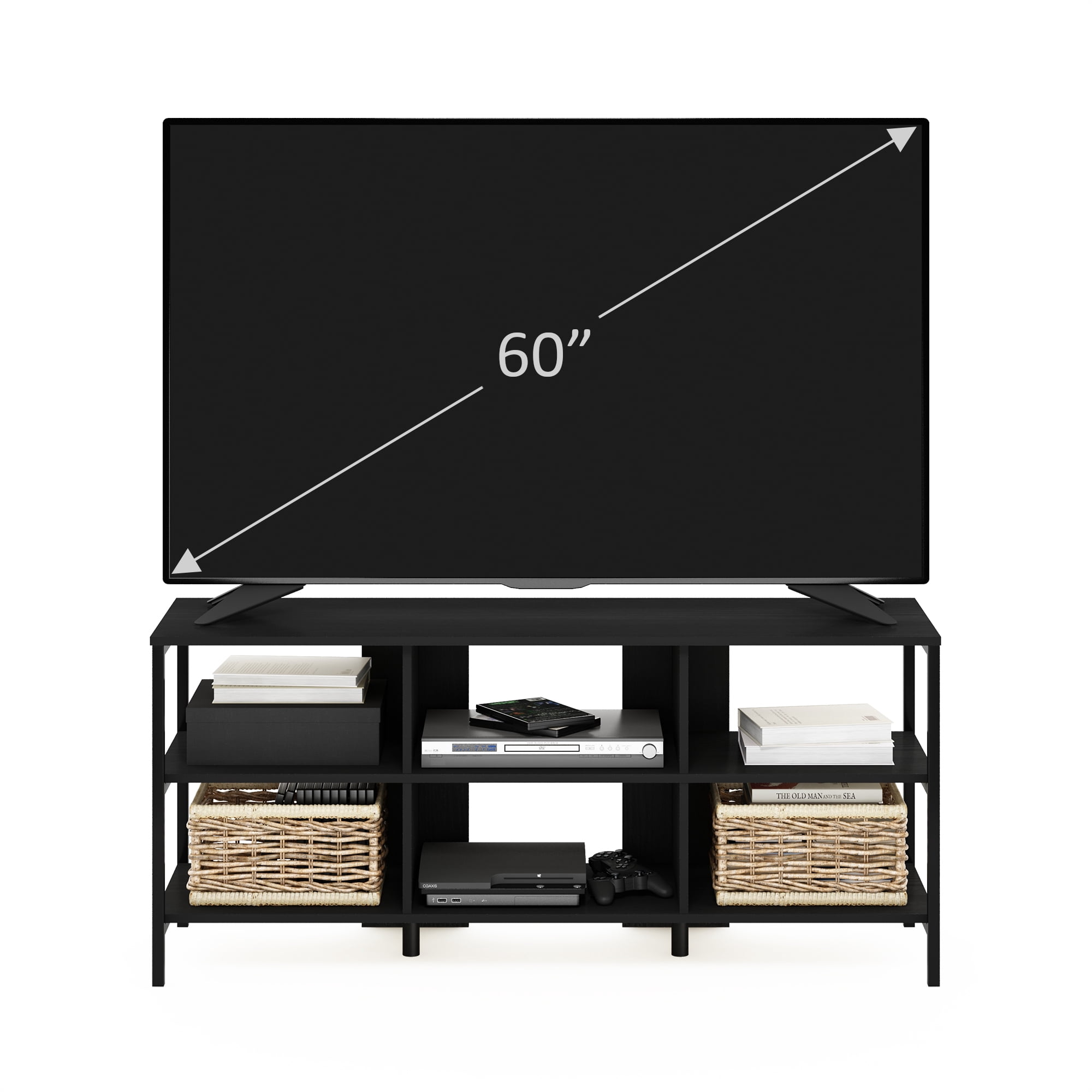 Furinno Classic Modern Living TV Stand, TV Entertainment Center with Open Shelves, for TVs up to 60 Inch, Americano/Black