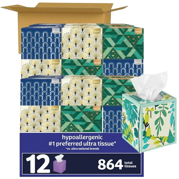 Kleenex Ultra Soft Hypoallergenic 3-Ply Facial Tissues 12 Cube Boxes, 72 tissues/box